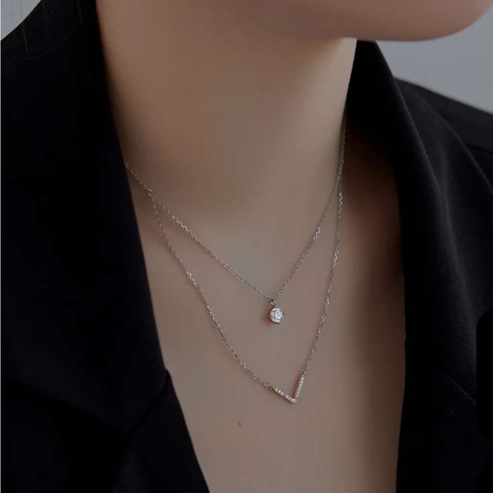 Sterling Silver Partially Double Layered Necklace with CZ Accents - Silver